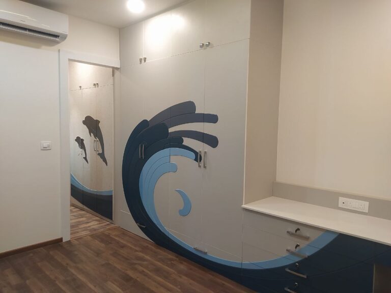 Wardrobe with wave artwork in a child's bedroom
