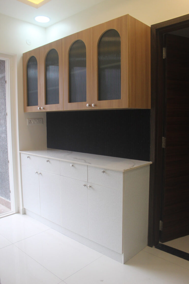 Crockery unit with glass-front wall cabinets and base drawers
